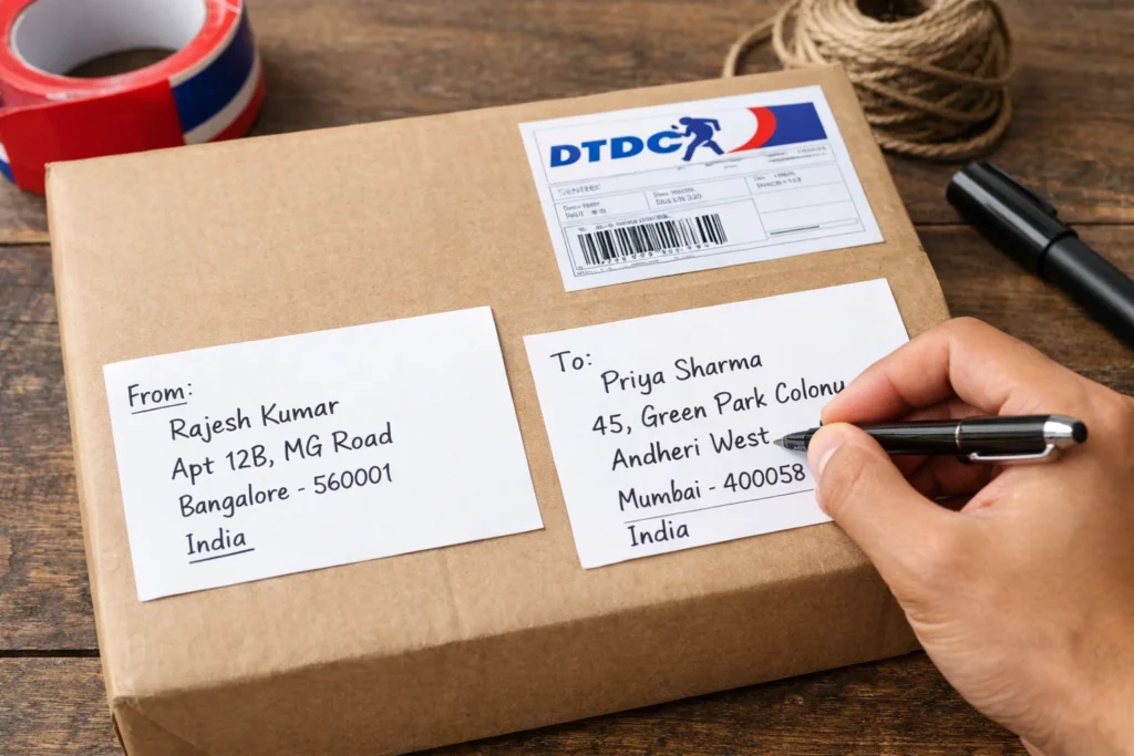 Close-up image of a person writing an address on a DTDC courier package with handwritten labels, a black pen, and other packaging materials like tape and twine visible.
